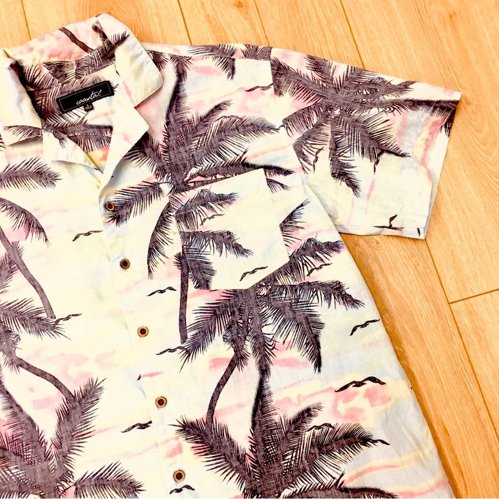 Men's Pink Palm-Print Short Sleeve Shirt button up beach coastal large - Picture 3 of 9